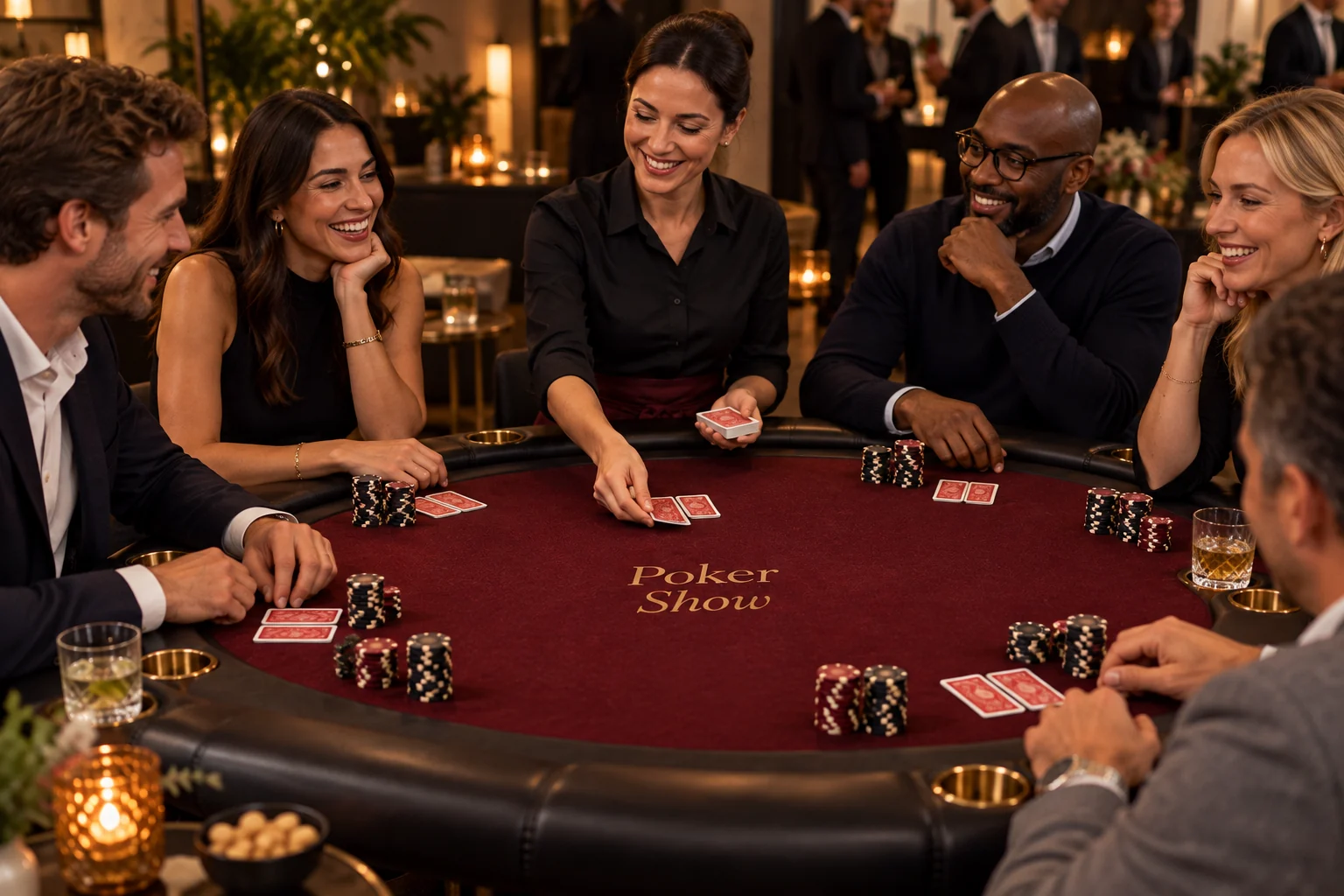 Коллеги и дилер за профессиональным бордовым столом Poker Show с картами и фишками