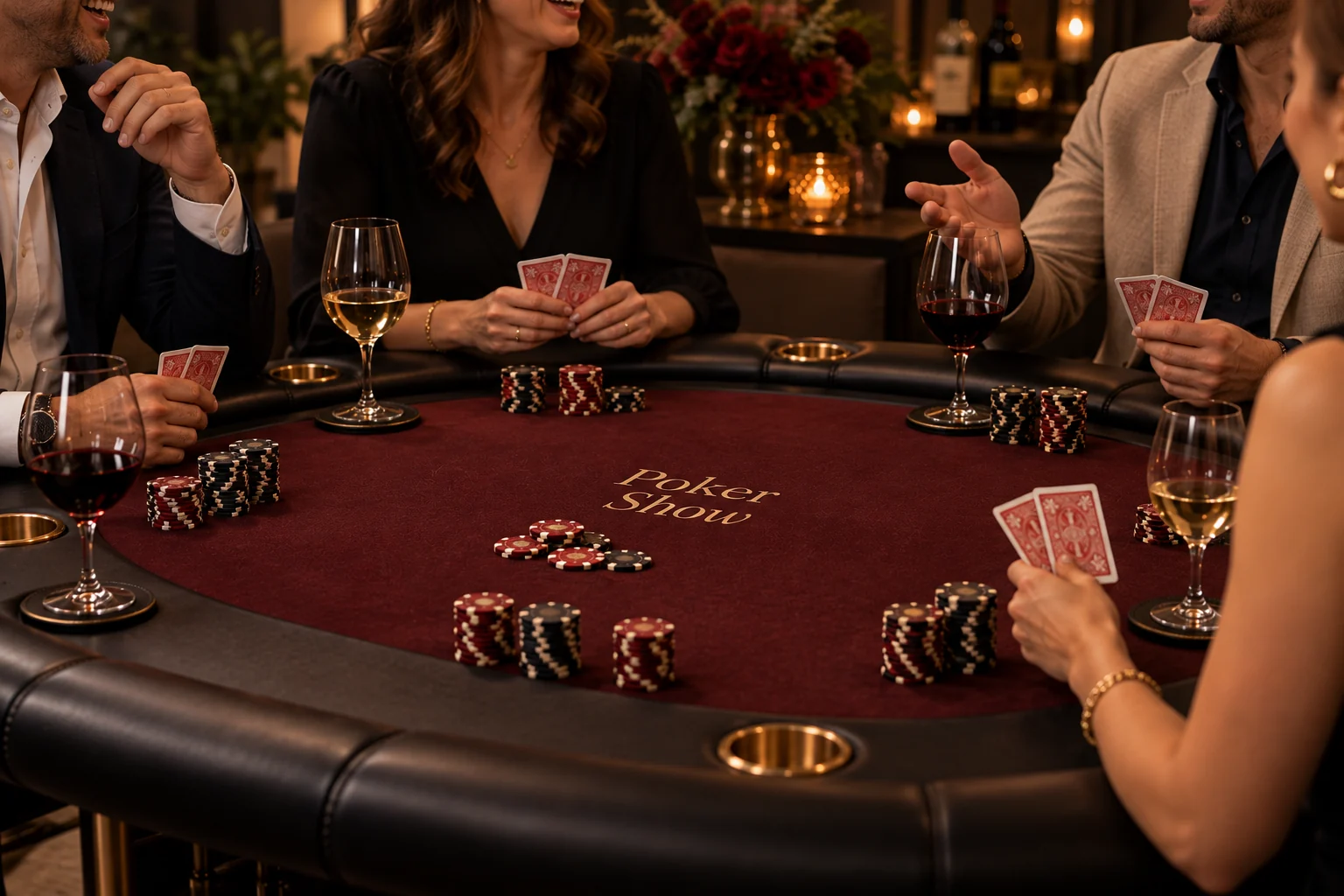 Компания друзей за бордовым столом Poker Show с двумя картами у игроков и бокалами вина
