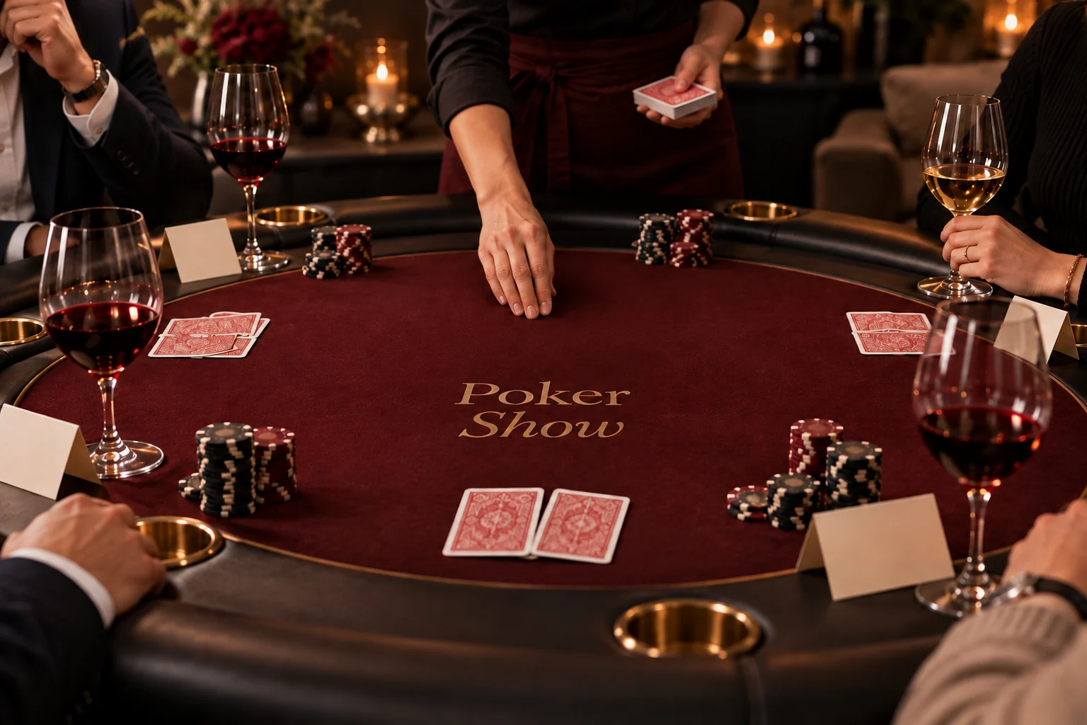 Дилер и гости с закрытыми картами за бордовым столом Poker Show во время винной игры