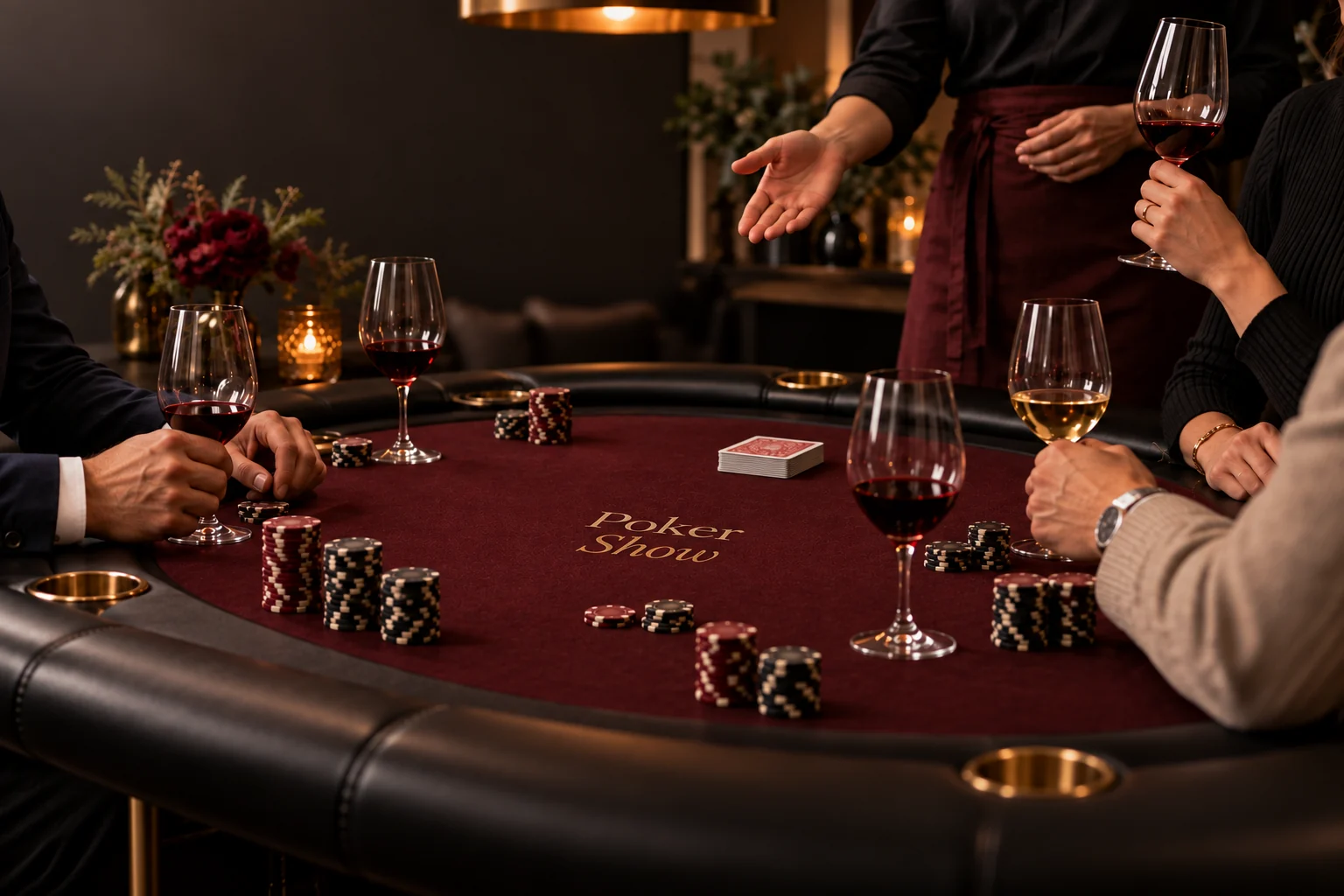 Профессиональный покерный стол с бордовым сукном Poker Show, картами, фишками и бокалами вина