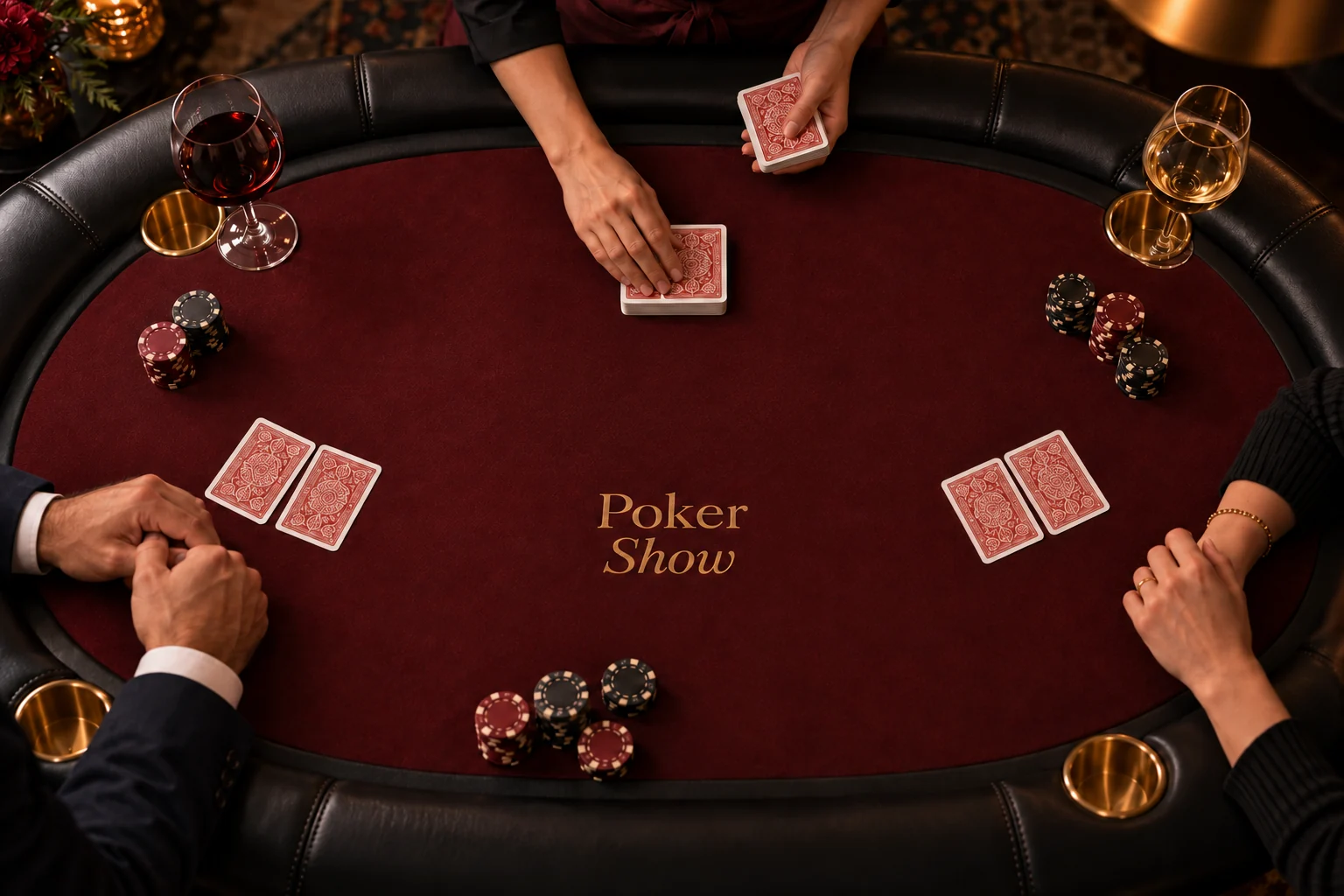 Две закрытые карты у игроков, фишки и дилер за бордовым столом Poker Show