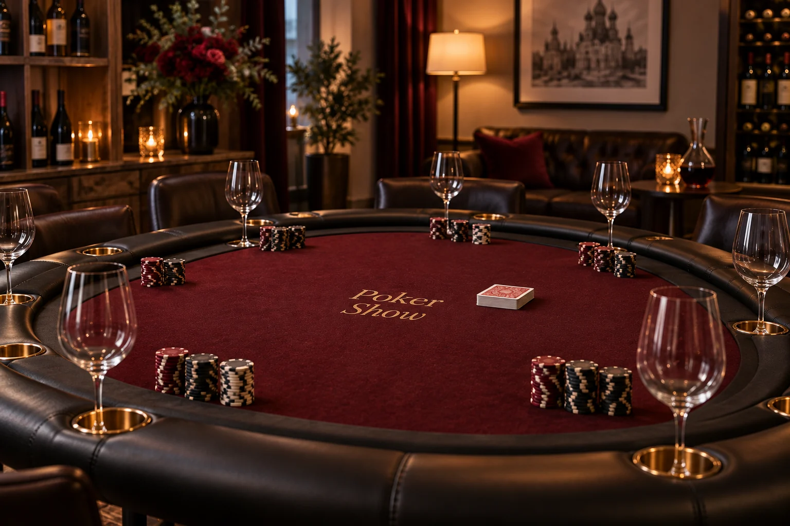 Подготовленный к винному вечеру бордовый стол Poker Show с фишками, колодой и пустыми бокалами